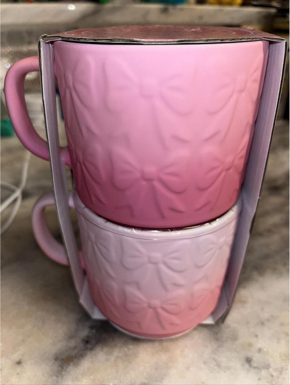 Pink Bow Mugs set of 2 Ceramic Mugs - Picture 1 of 7